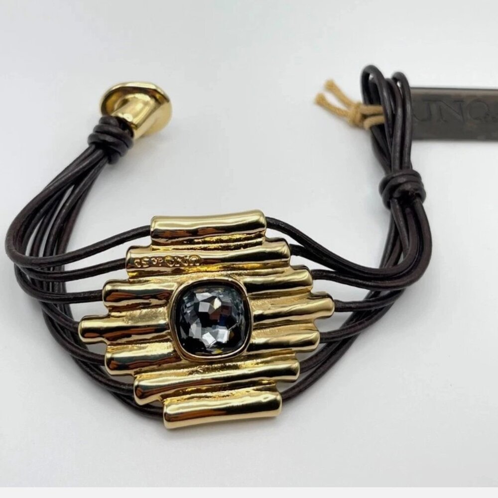 NWT Uno de 50 ATTACHED Gold Plated Gray Crystal Multi Leather Bracelet SZ Small - Picture 5 of 12